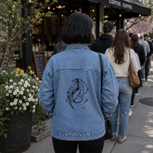 Krachtige Tribale Draak Zwarte Lijn Kunst Fantasie Denim Jacket