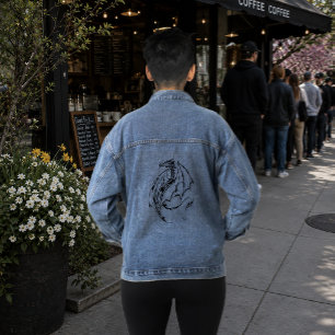Krachtige Tribale Draak Zwarte Lijn Kunst Fantasie Denim Jacket