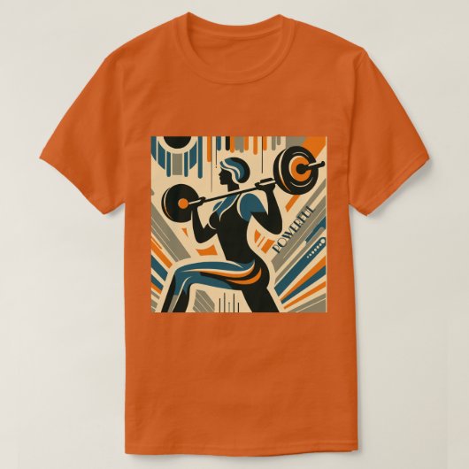 Krachtige Vrouwen Gewichtheffen Art Deco T-shirt (Design voorkant)