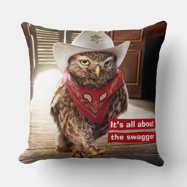 Krachtige Westerne Sheriff Owl met Attitude & Swag Kussen (Voorkant)
