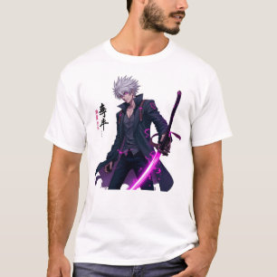 Krachtige witharige anime krijger met gloeiende t-shirt