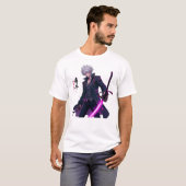 Krachtige witharige anime krijger met gloeiende t-shirt (Voorkant volledig)
