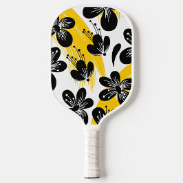 Krachtige zwarte bloemen met gele penseelstreekacc pickleball paddle