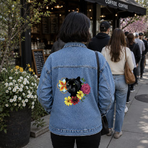 Krachtige Zwarte Botanische Bloem Illustratie van Denim Jacket