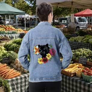 Krachtige Zwarte Botanische Bloem Illustratie van  Denim Jacket
