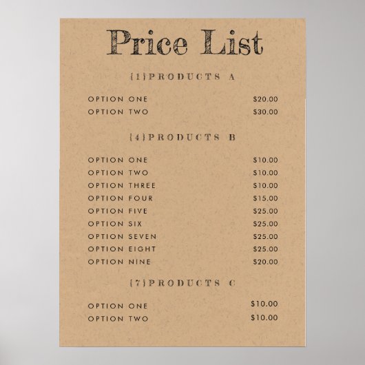 Kraft Achtergrond Prijslijst Menu Mat Print (Voorkant)