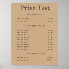 Kraft Achtergrond Prijslijst Menu Matprint Poster