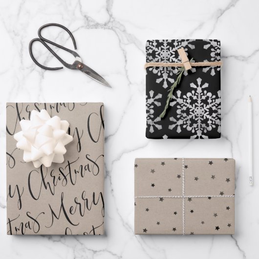 Kraft and Black Merry Kerstsnowflakes Stars Inpakpapier Vel (Voorkant)