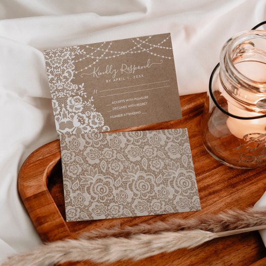 Kraft and Lace Rustic Wedding RSVP Response Kaart