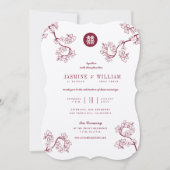 Kraft and Red Plum Blossom Modern Asian Wedding Kaart (Voorkant)