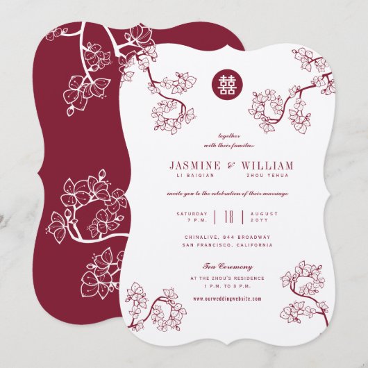 Kraft and Red Plum Blossom Modern Asian Wedding Kaart (Voorkant / Achterkant)