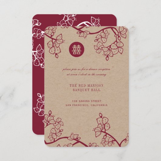 Kraft and Red Plum Blossom Modern Asian Wedding Kaart (Voorkant / Achterkant)