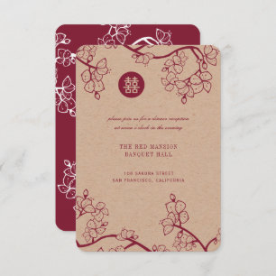 Kraft and Red Plum Blossom Modern Asian Wedding Kaart