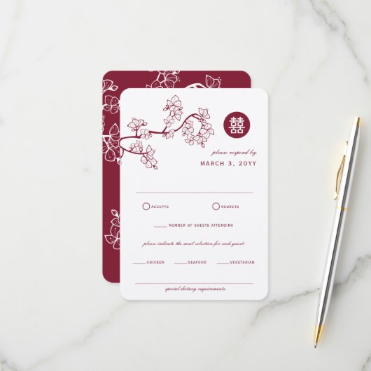 Kraft and Red Plum Blossom Modern Asian Wedding RSVP Kaartje (Voorkant / Achterkant in situ)