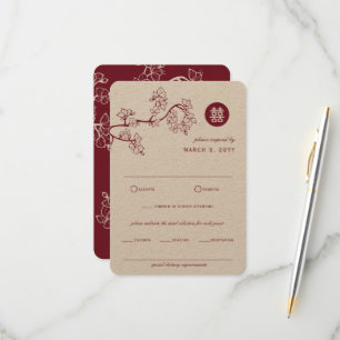 Kraft and Red Plum Blossom Modern Asian Wedding RSVP Kaartje