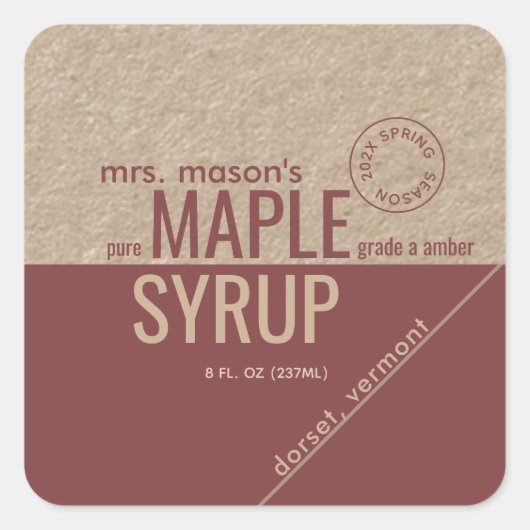 Kraft and Red Spring Season with Year Maple Syrup Vierkante Sticker (Voorkant)