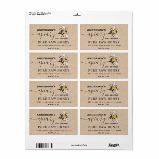 Kraft Bee logo script bijiary honey jar label (Full Sheet)