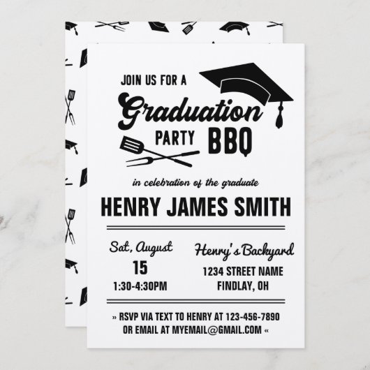 Kraft Black Modern BBQ Graduation Party Invitation Kaart (Voorkant / Achterkant)