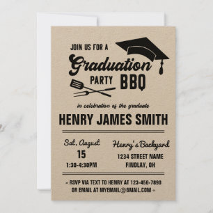 Kraft Black Modern BBQ Graduation Party Invitation Kaart