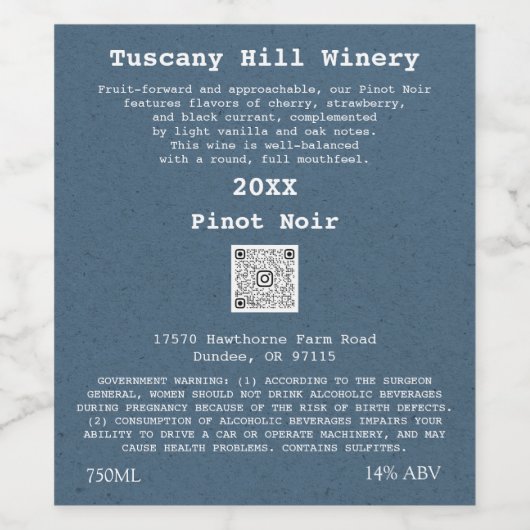 Kraft Blue Effect Modern QR-code LOGO Beschrijving Wijn Etiket (Enkel label)