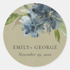 KRAFT BLUE GREEN GOLD FLORAL WATERVERF WEDING RONDE STICKER
