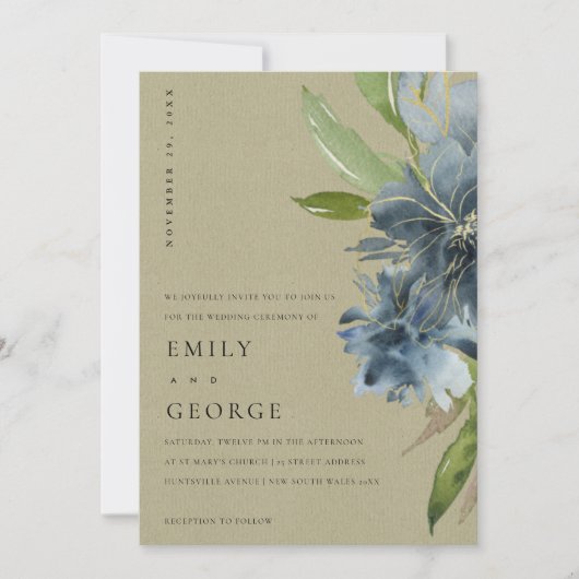 KRAFT BLUE GREEN GOLD FLORAL WEDDING INVITE BEDANKKAART (Voorkant)