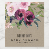 KRAFT BLUSH BURGUNDY FLORAL BUNCH BABY SHOWER WIJN ETIKET (Enkel label)