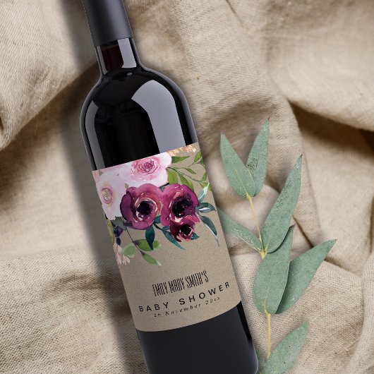 KRAFT BLUSH BURGUNDY FLORAL BUNCH BABY SHOWER WIJN ETIKET