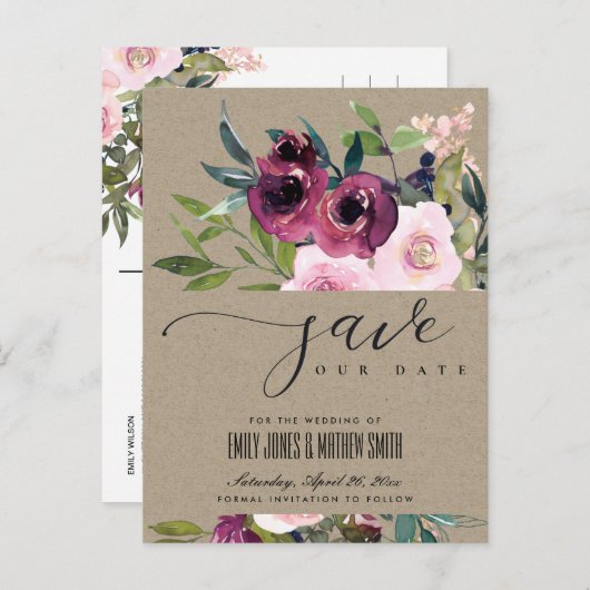 KRAFT BLUSH BURGUNDY FLORAL BUNCH BEWAREN DE DATUM AANKONDIGINGSKAART (Voorkant / Achterkant)