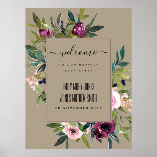 KRAFT BLUSH BURGUNDY FLORAL BUNCH WEDDING WELCOME POSTER (Voorkant)