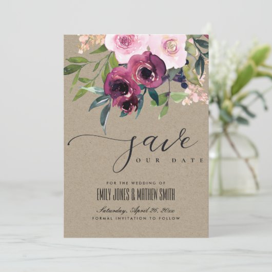 KRAFT BLUSH BURGUNDY FLORAL BUNCH WEDING SAVE THE DATE (Staand voorkant)
