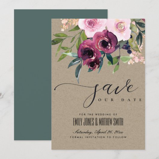 KRAFT BLUSH BURGUNDY FLORAL BUNCH WEDING SAVE THE DATE (Voorkant / Achterkant)