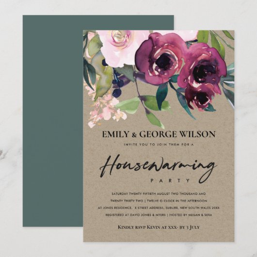 KRAFT BLUSH BURGUNDY FLORAL HUUSEWARMING Party Kaart (Voorkant / Achterkant)