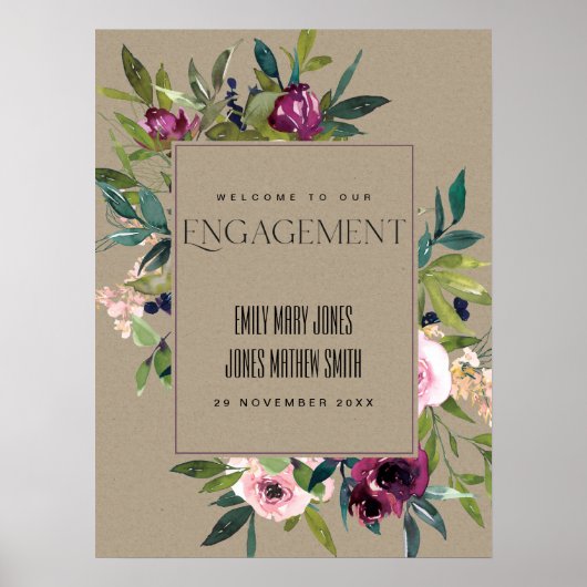 KRAFT BLUSH BURGUNDY FLORAL VERLOVING WELCOME POSTER (Voorkant)