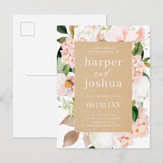 Kraft & Blush Spring Floral Wedding Uitnodiging Briefkaart (Voorkant / Achterkant)