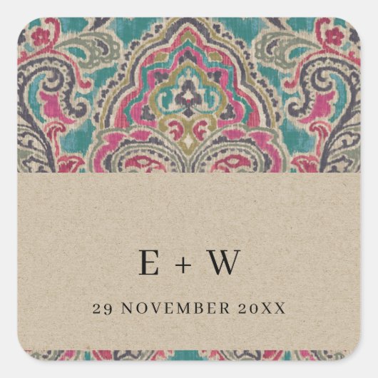 KRAFT BOHO TRIBAL IKAT PINK BLAUWGROEN MONOGRAM WE VIERKANTE STICKER (Voorkant)