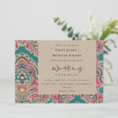 KRAFT BOHO TRIBAL IKAT PINK BLAUWGROEN WEDDING INV BEDANKKAART (Staand voorkant)
