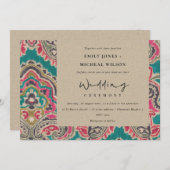 KRAFT BOHO TRIBAL IKAT PINK BLAUWGROEN WEDDING INV BEDANKKAART (Voorkant / Achterkant)