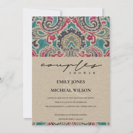 KRAFT BOHO TRIBAL IKAT PINK COUPLES SHOWER INVITE BEDANKKAART (Voorkant)