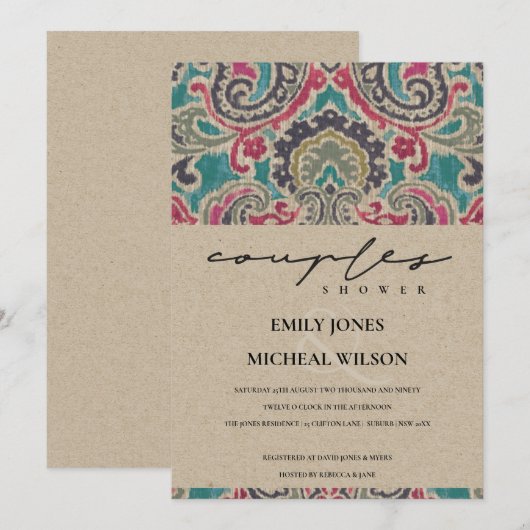 KRAFT BOHO TRIBAL IKAT PINK COUPLES SHOWER INVITE BEDANKKAART (Voorkant / Achterkant)