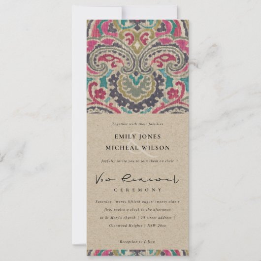 KRAFT BOHO TRIBAL IKAT PINK VOW RENEWAL INVITATION KAART (Voorkant)