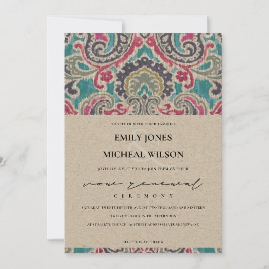 KRAFT BOHO TRIBAL IKAT PINK VOW RENEWAL INVITE BEDANKKAART (Voorkant)