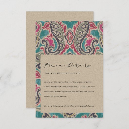 KRAFT BOHO TRIBAL IKAT ROZE TEAL TROUW DETAILS E INFORMATIEKAARTJE (Voorkant / Achterkant)