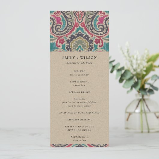 KRAFT BOHO TRIBAL IKATFL WEDDING CEREMONY PROGRAMM MENU (Staand voorkant)