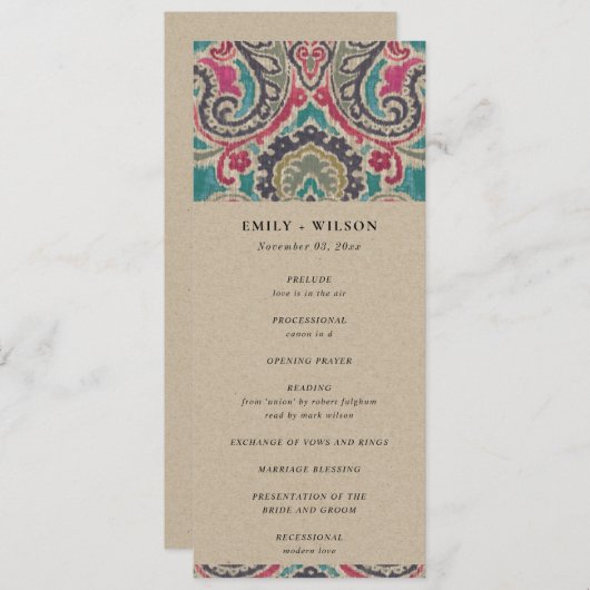 KRAFT BOHO TRIBAL IKATFL WEDDING CEREMONY PROGRAMM MENU (Voorkant / Achterkant)