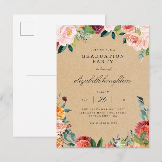 Kraft Bourgogne Blush Roze Bloemen Afstudeerfeest Uitnodiging Briefkaart (Voorkant / Achterkant)