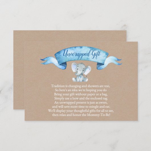 Kraft Boy Rustic Elephant Unwrapted Gift Insert Informatiekaartje (Voorkant / Achterkant)