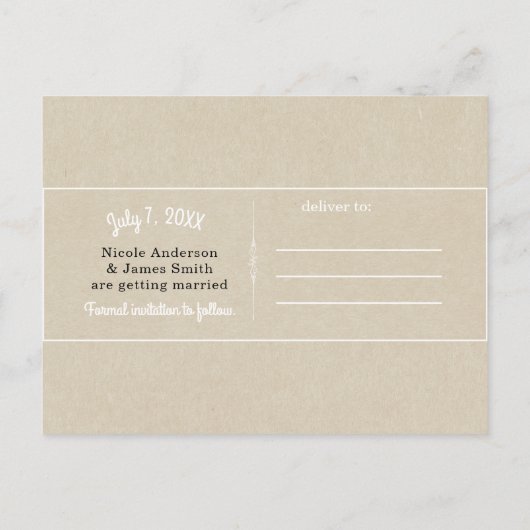 Kraft Bruin Chique Rustieke Bruiloft Save the Date Aankondigingskaart (Achterkant)