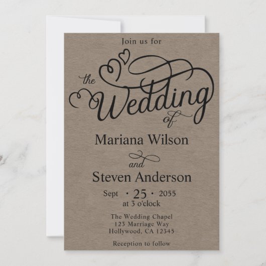 Kraft Bruin Eenvoudig Chique Script Bruiloft uitno Kaart (Voorkant)