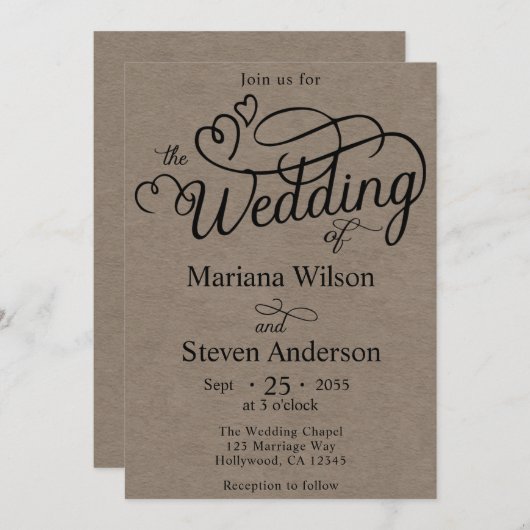 Kraft Bruin Eenvoudig Chique Script Bruiloft uitno Kaart (Voorkant / Achterkant)